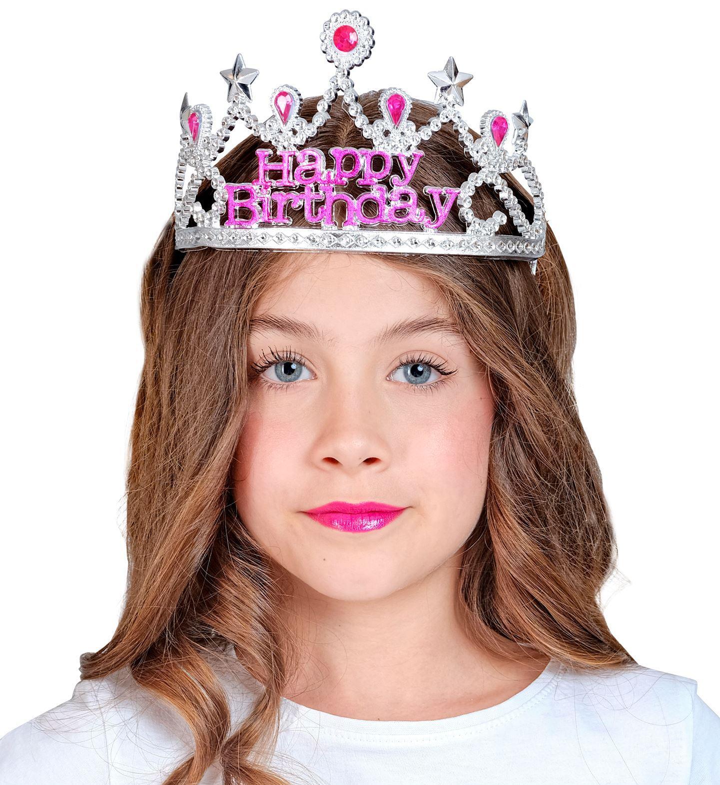Zilveren tiara happy birthday met roze edelstenen kind verjaardag diadeem