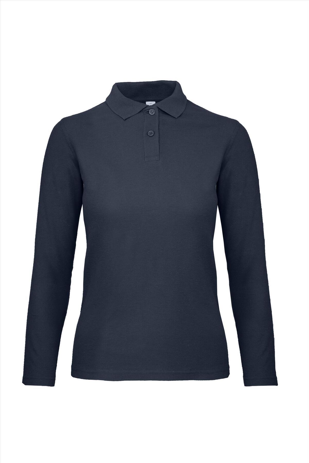 Dames polo met lange mouwen donkerblauw te bedrukken personaliseren