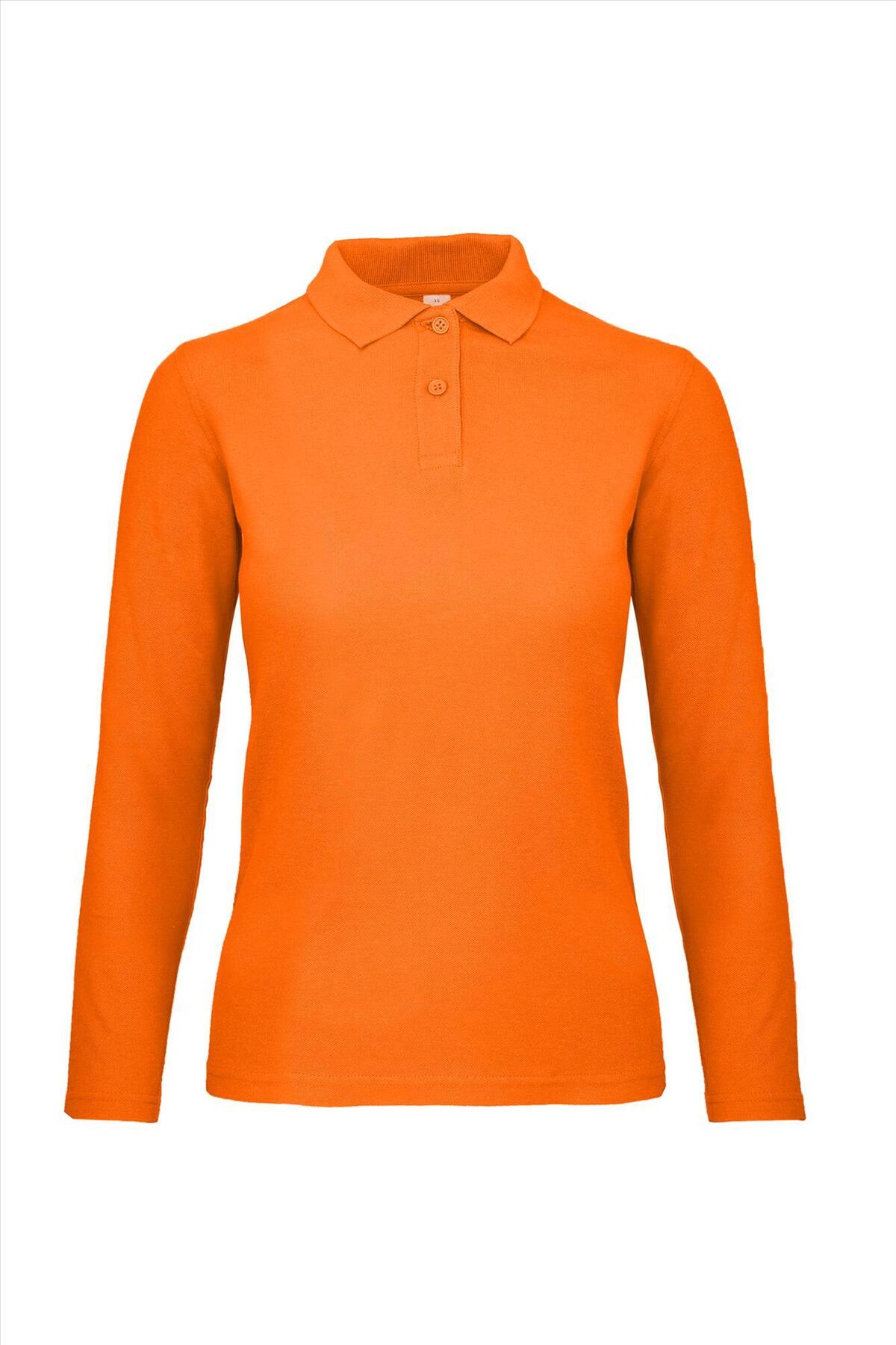 Dames polo met lange mouwen oranje te bedrukken personaliseren