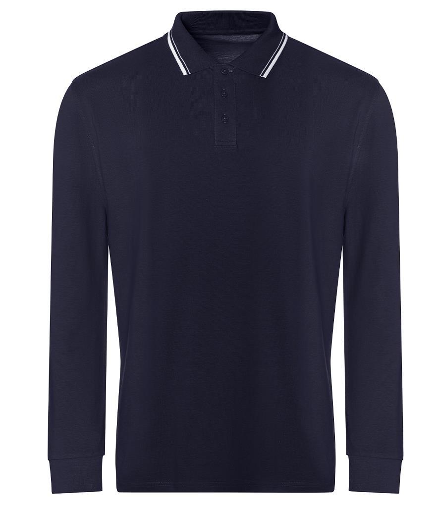 Heren polo oxford blauw met wit te personaliseren te bedrukken lange mouw