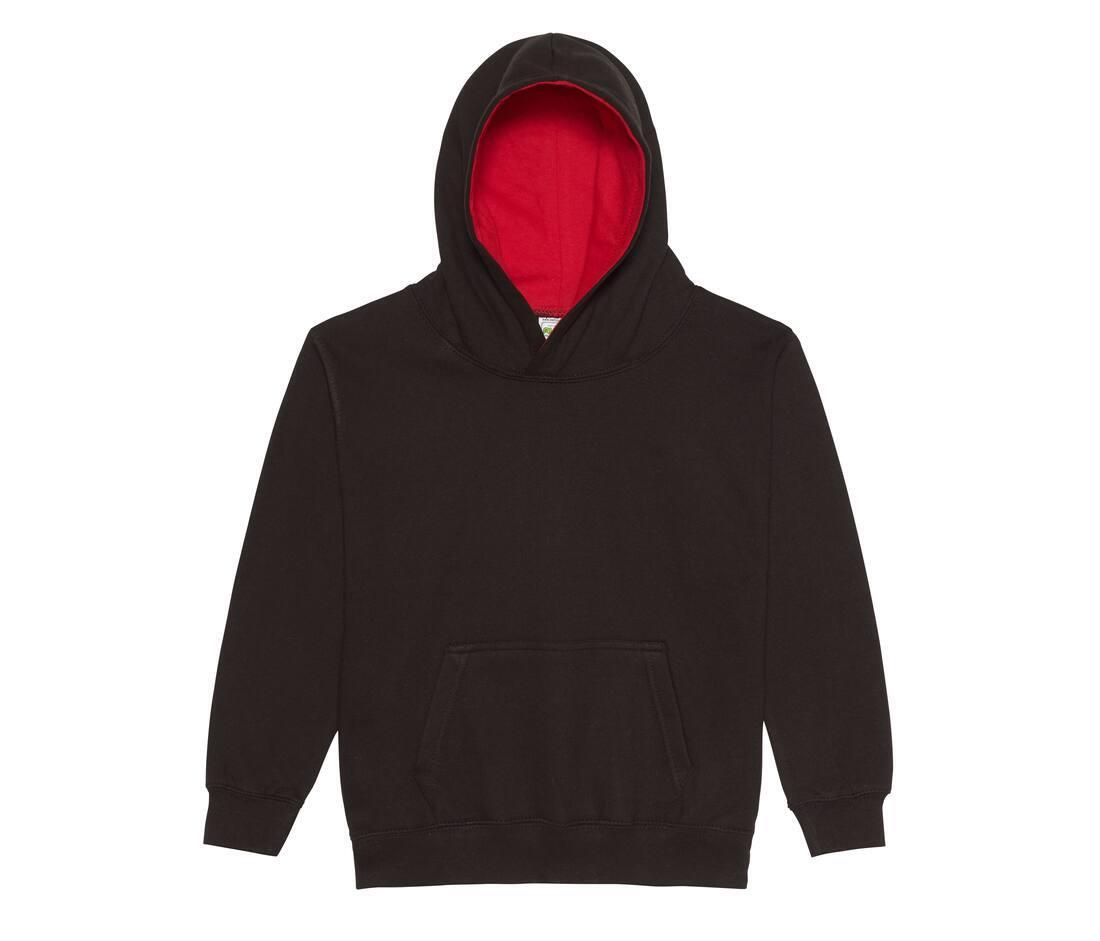 Hoodie voor kinderen met contrast kleuren jet zwart met vuurrood