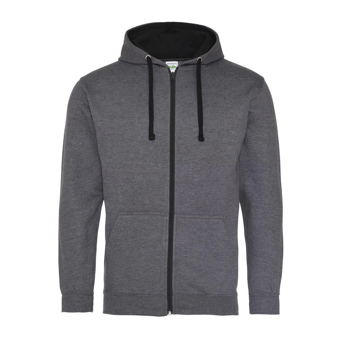 Hoodie voor mannen asfalt grijs met zwart met contrasterende voering.