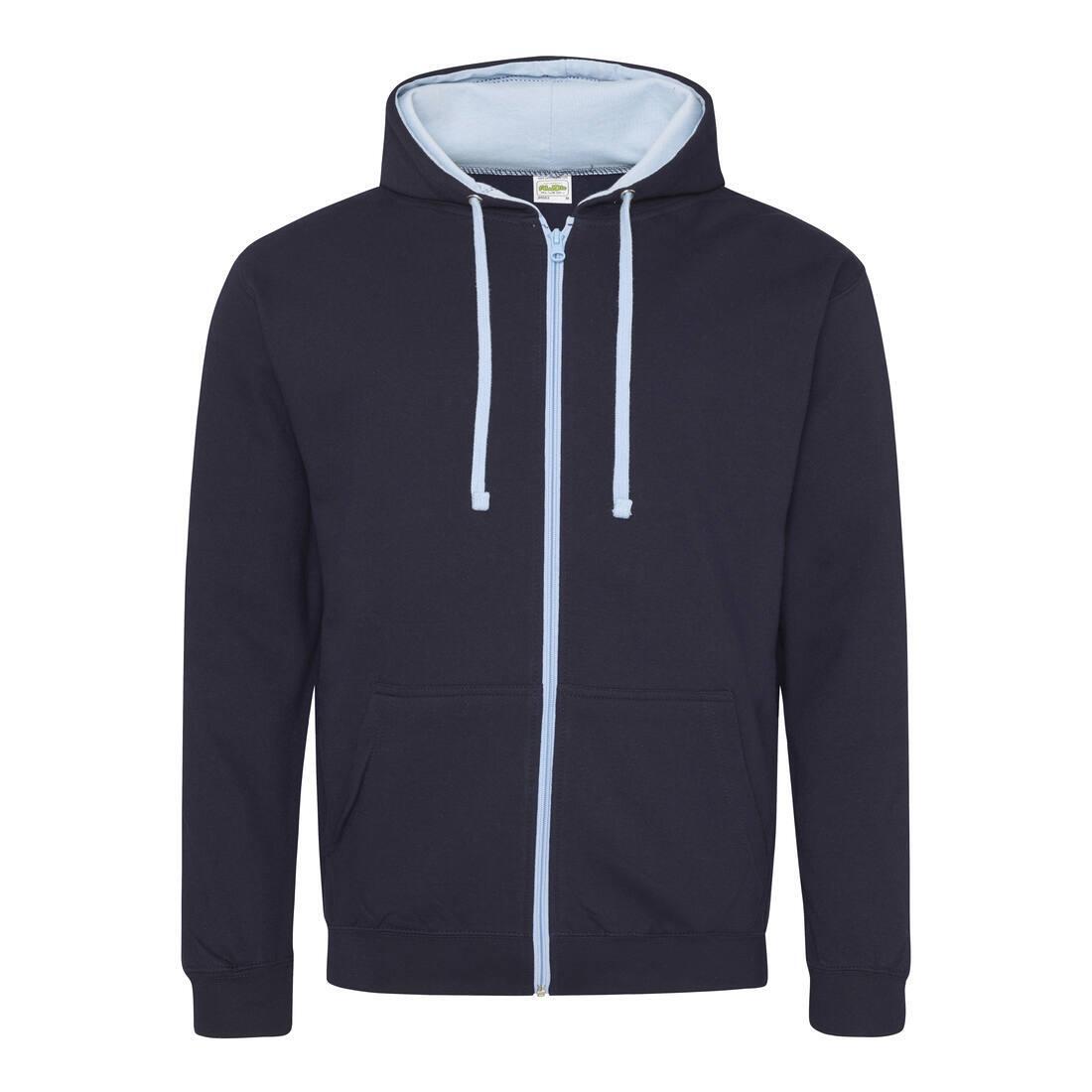 Hoodie voor mannen donkerblauw met hemelsblauw met contrasterende voering.