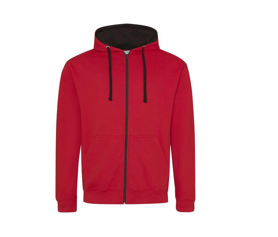 Hoodie voor mannen rood met zwart met contrasterende voering.