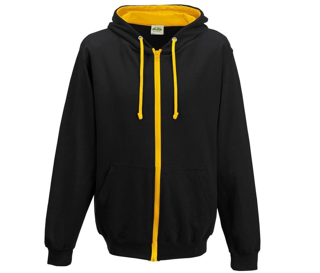 Hoodie voor mannen zwart met geel contrasterende voering.