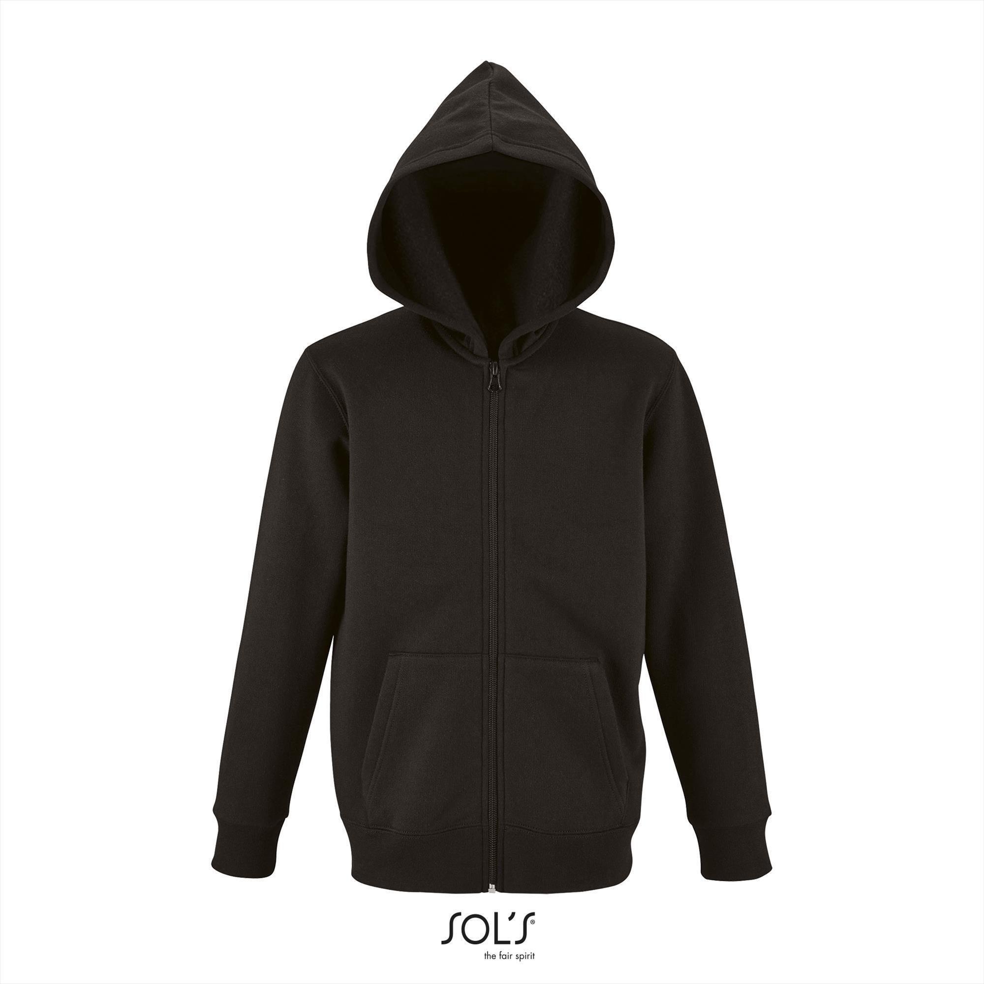 Kinder hooded sweat jacket zwart personaliseer te bedrukken