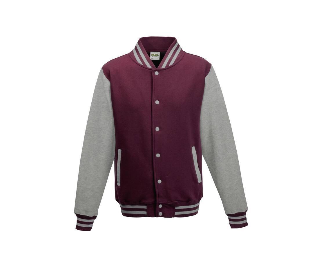 Kinder Varsity Jacket / jas burgundy rood met heather grijs bedrukken met tekst of logo