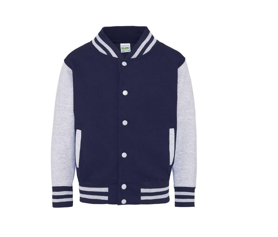 Kinder Varsity Jacket / jas oxford blauw met heather grijs bedrukken met tekst of logo