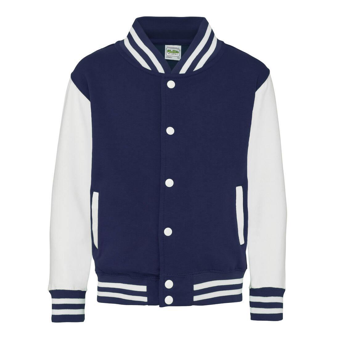 Kinder Varsity Jacket / jas oxford bluauw met wit bedrukken met tekst of logo