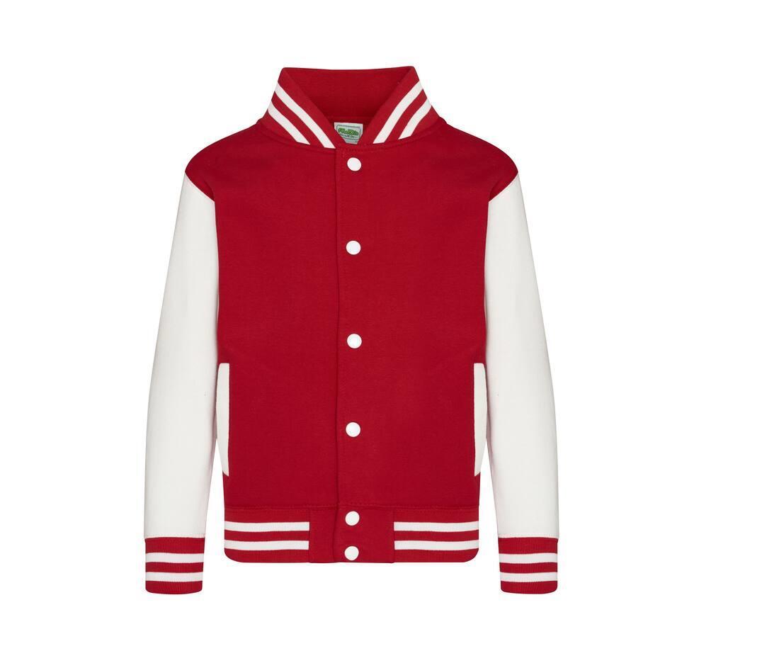 Kinder Varsity Jacket / jas rood met wit bedrukken met tekst of logo