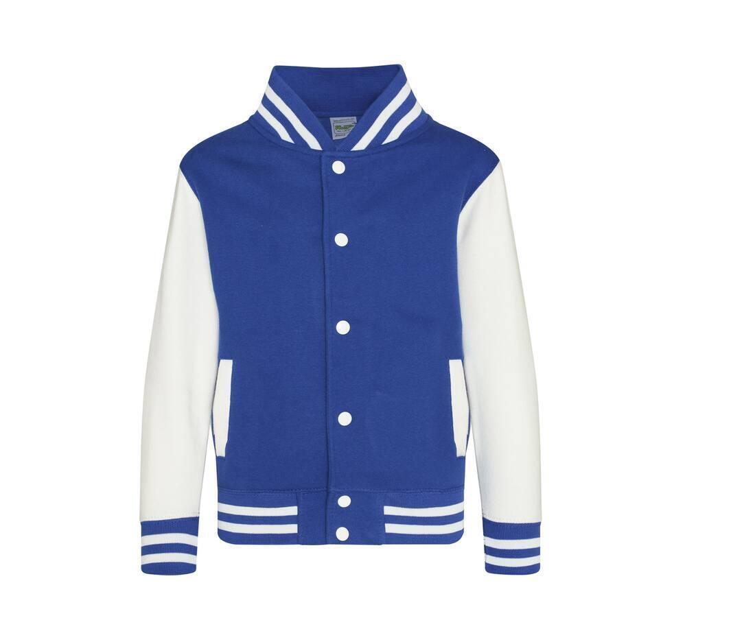 Kinder Varsity Jacket / jas royal blauw met wit bedrukken met tekst of logo