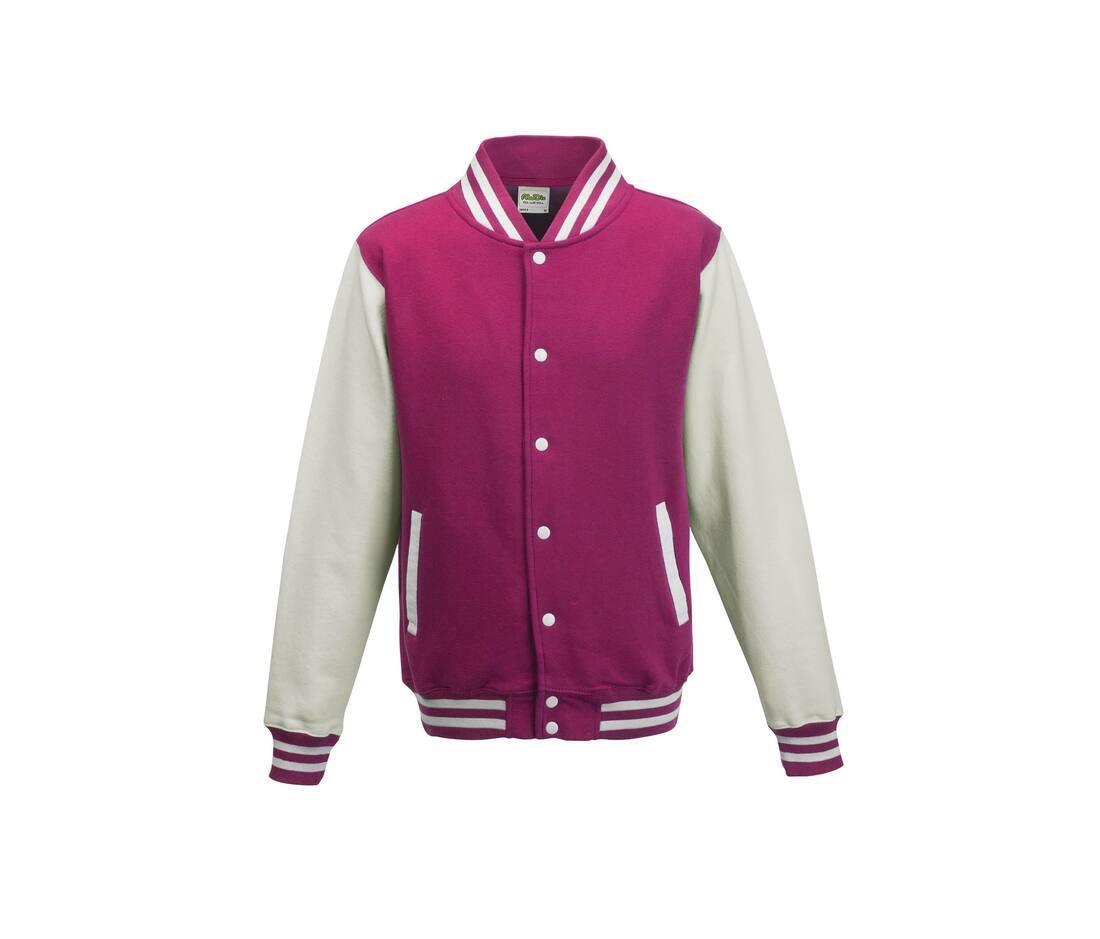 Kinder Varsity Jacket / jas roze met wit bedrukken met tekst of logo
