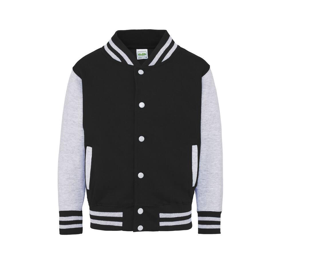 Kinder Varsity Jacket / jas zwart met heather grijs bedrukken met tekst of logo