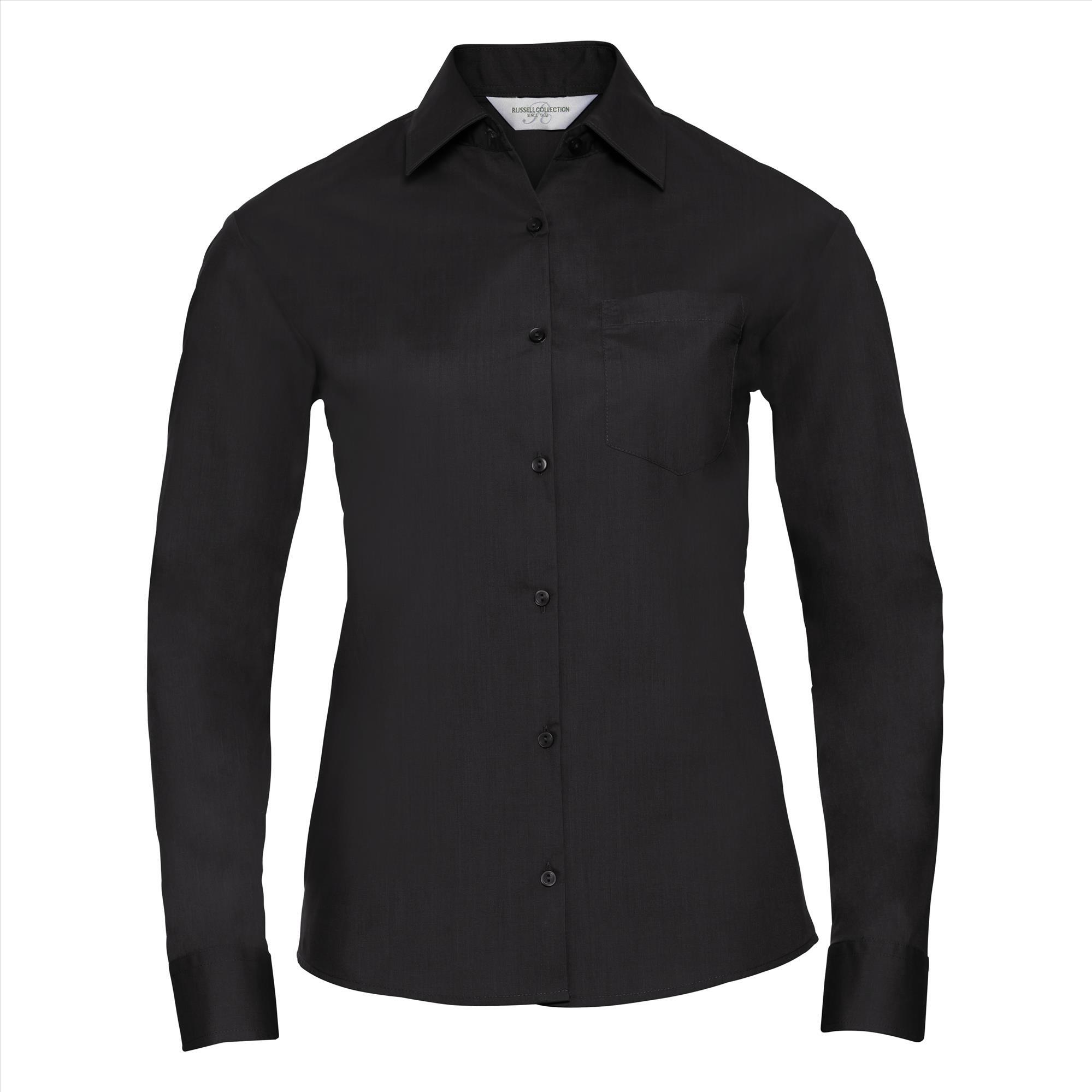 Dames blouse met klassieke kraag zwart perfect voor bedrukking bedrijfslogo