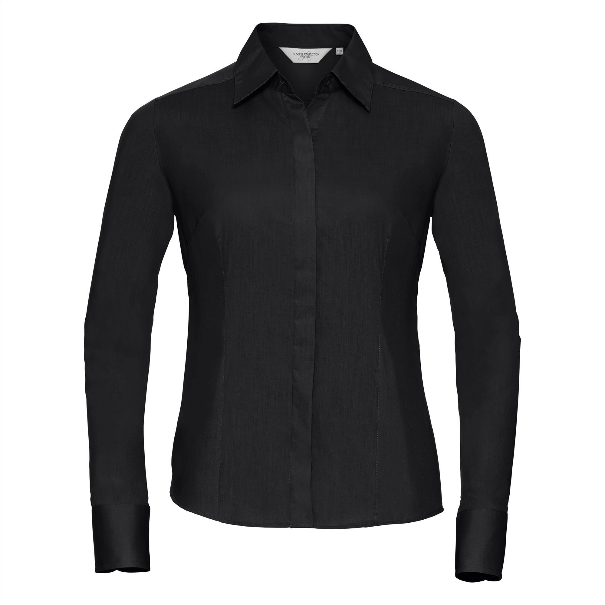 Dames blouse zwart te bedrukken te personaliseren met bedrijfslogo