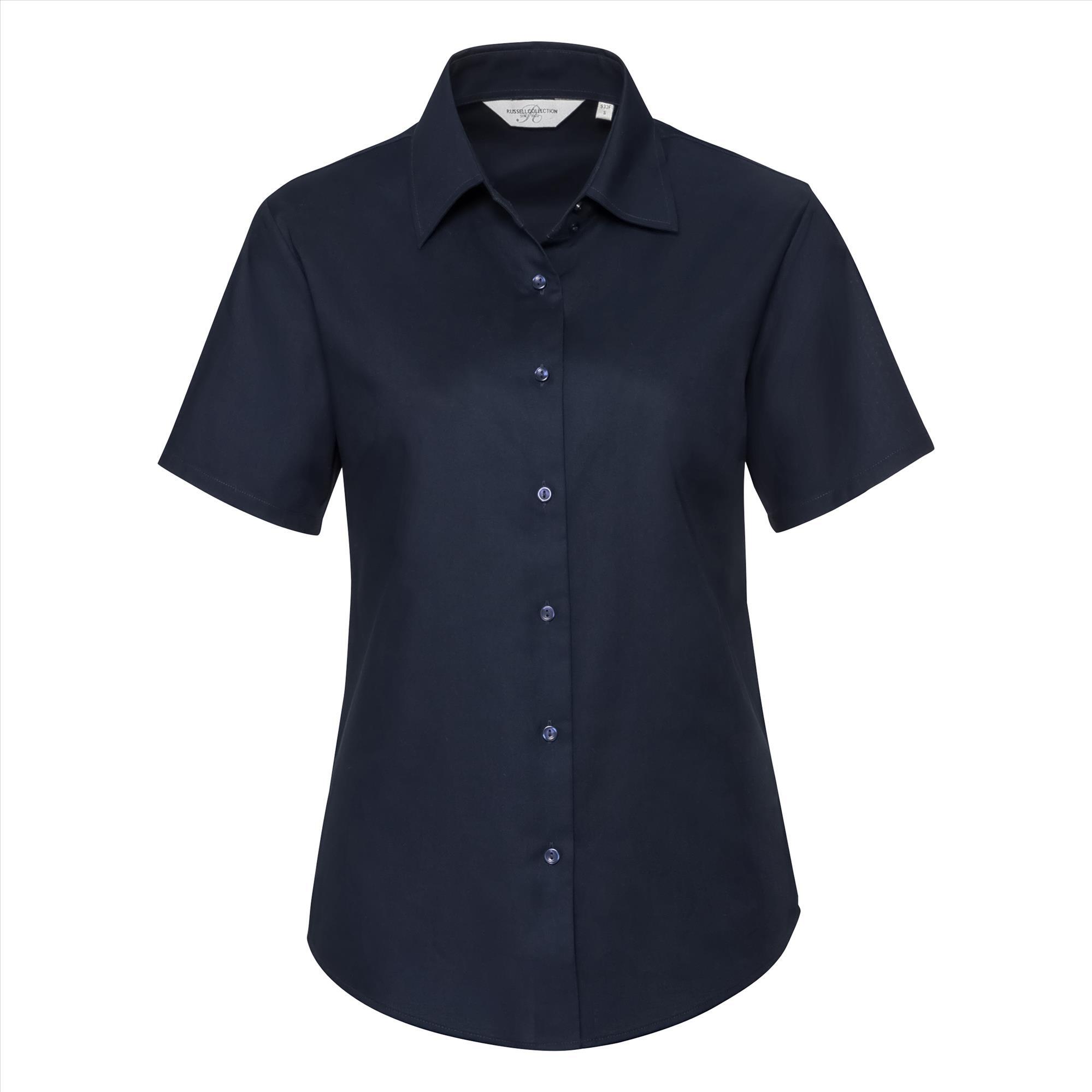 Getailleerde dames blouse bright navy te personaliseren met en bedrijfslogo