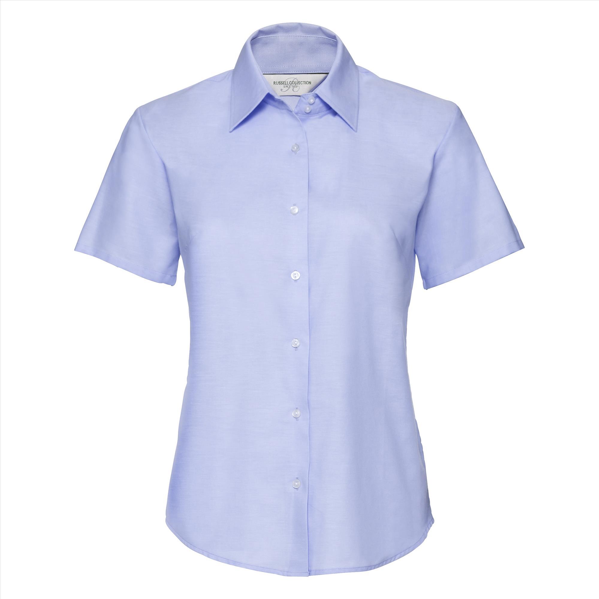Getailleerde dames blouse oxford blue te personaliseren met en bedrijfslogo
