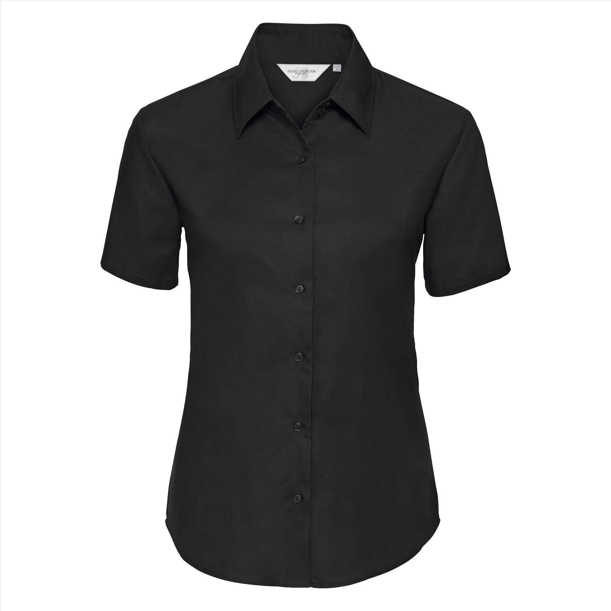 Getailleerde dames blouse zwart te personaliseren met en bedrijfslogo