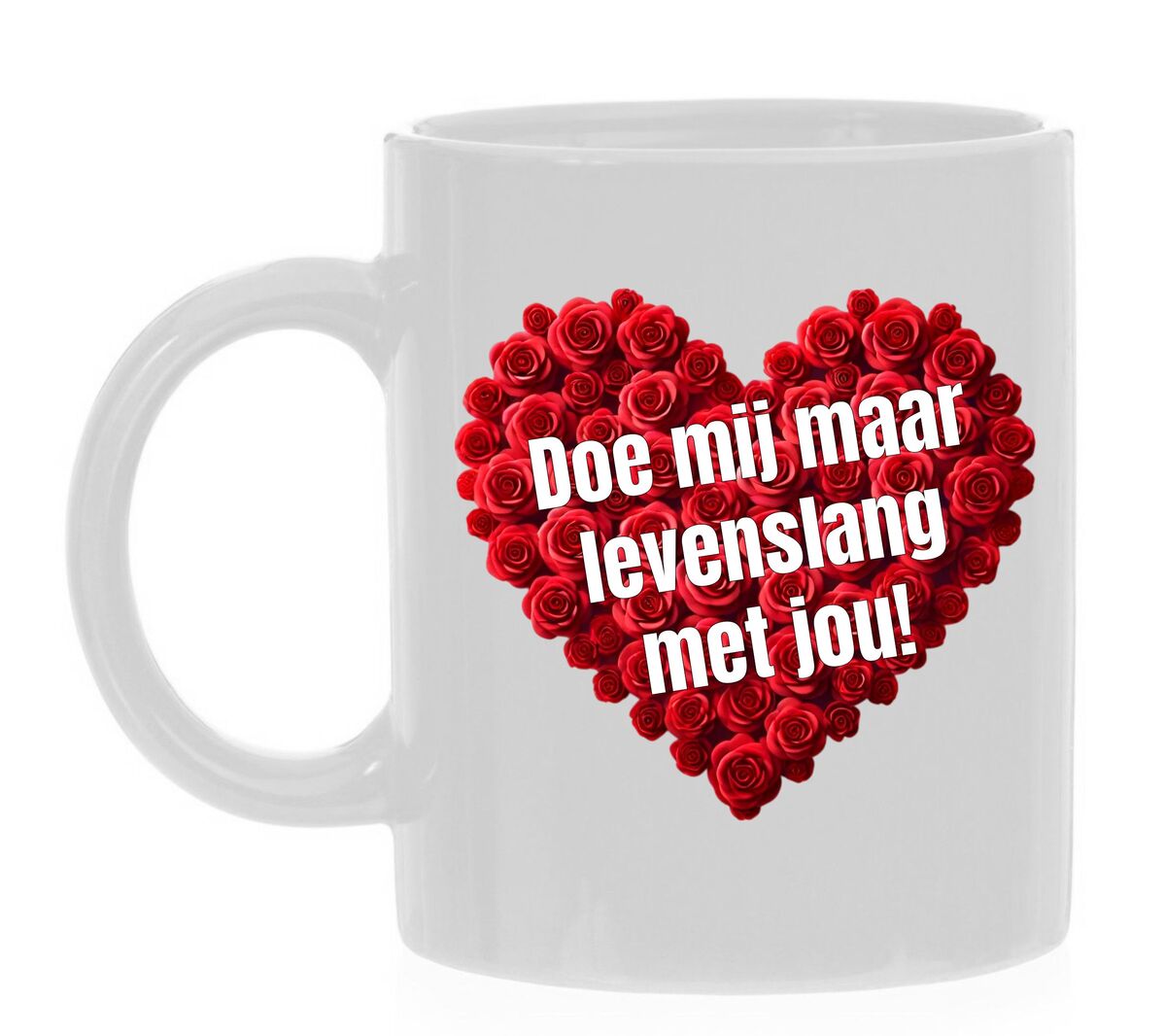 Valentijns koffie of thee mok met de lieve tekst doe mij maar levenslang met jou!