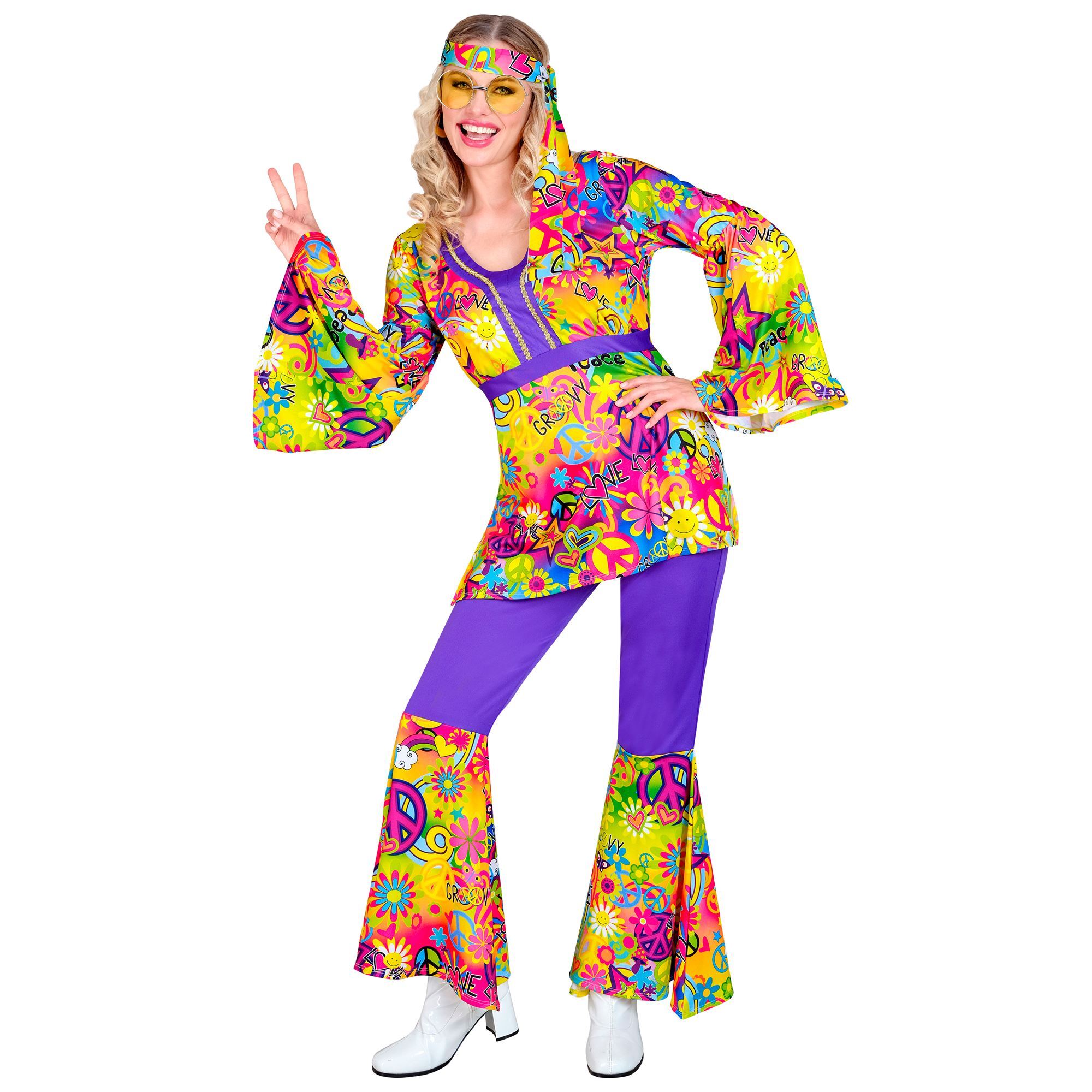 Back to the sixties hippie kostuum voor dames verspreid peace en love in flower power stijl