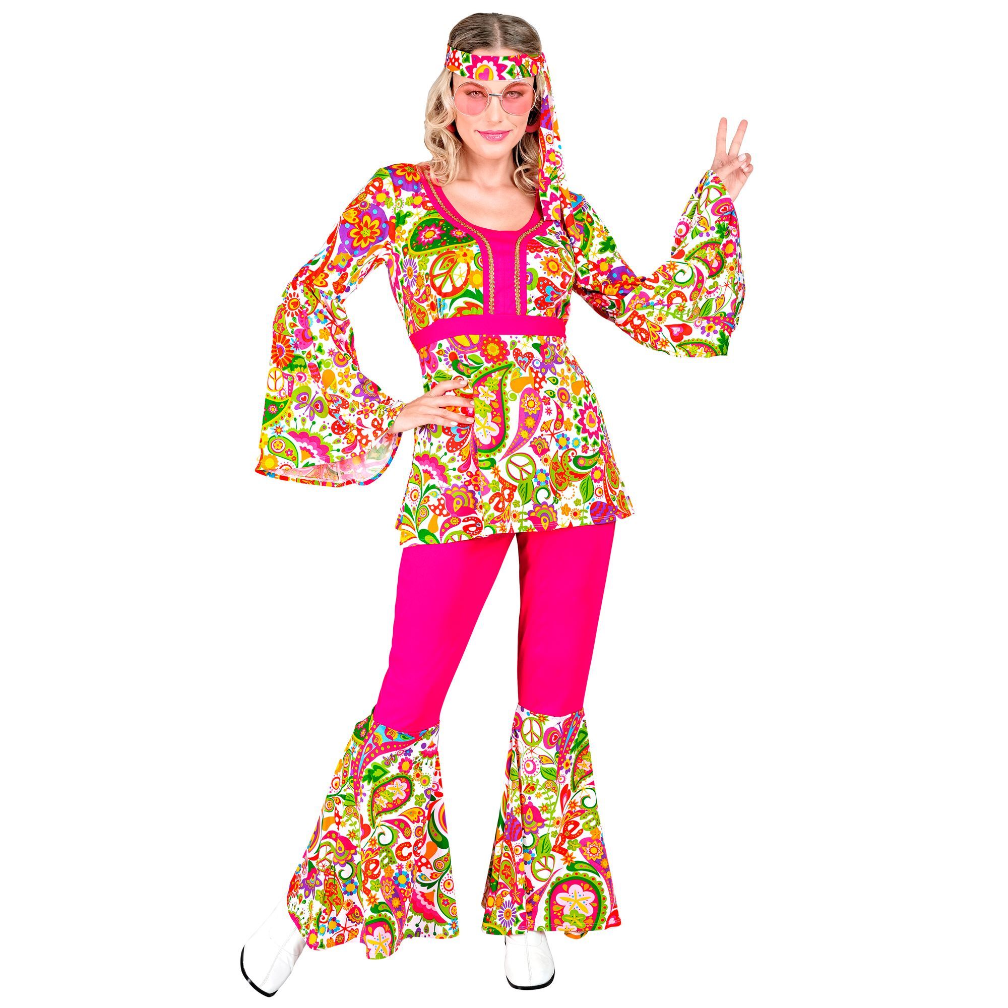 Betreed de tijdmachine en herleef de swinging sixties met ons hippie kostuum voor dames peace en paisley