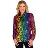 De pailletten blouse voor dames  alle Kleuren van de regenboog in een wilde luipaardprint