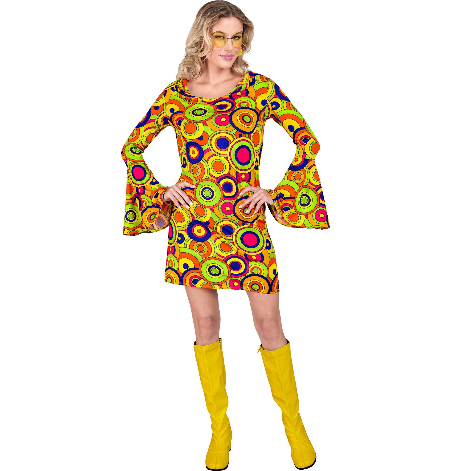 disco diva feestelijke jaren zeventig jurk met kleurrijke cirkels stap terug in de tijd van de dansvloer