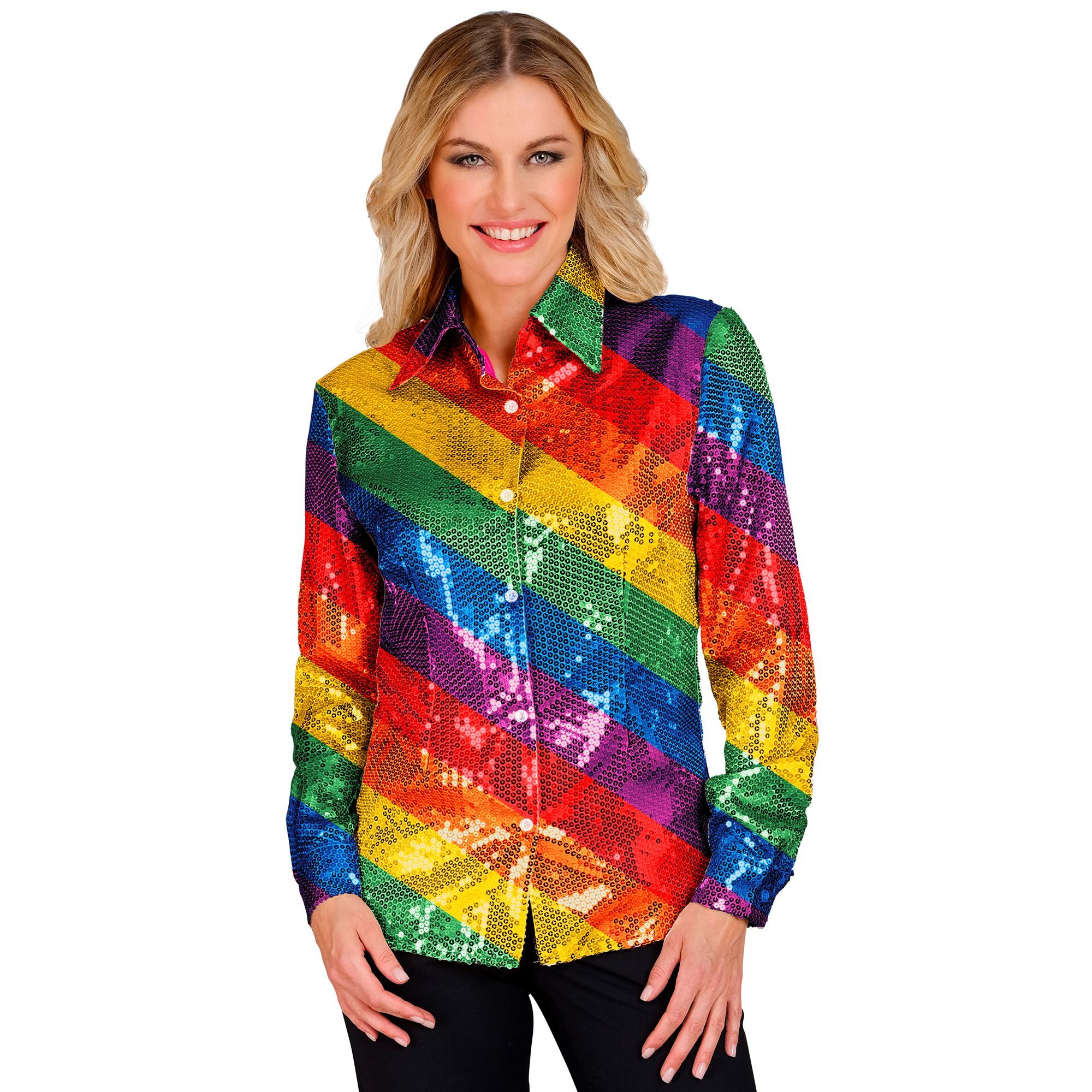 Fleurige pailletten blouse voor dames in regenboogkleuren perfect voor kleurrijke feestjes