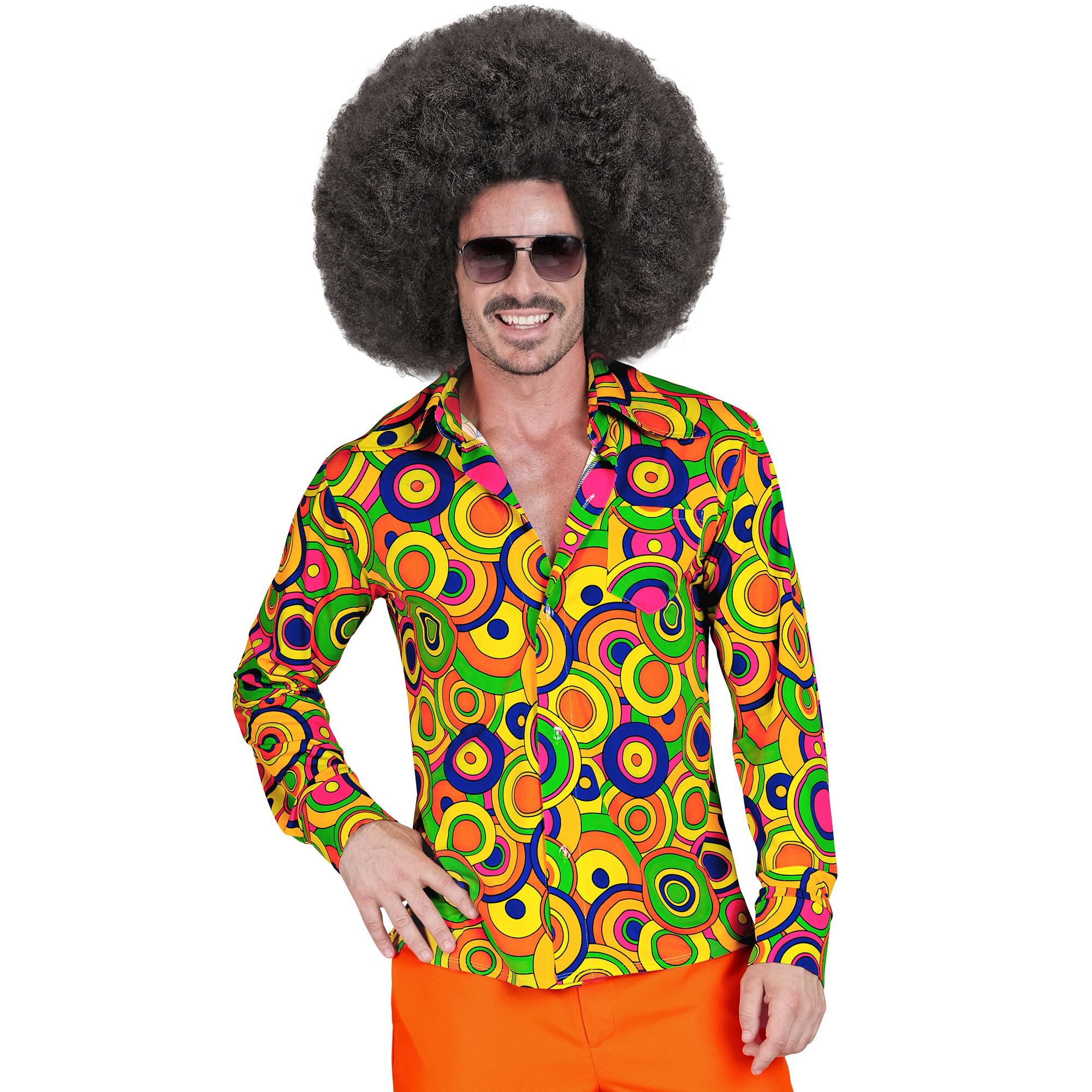 Groovy vibes heren zeventiger jaren blouse kleurrijk en cirkels voor een verkleedfeest vol fun