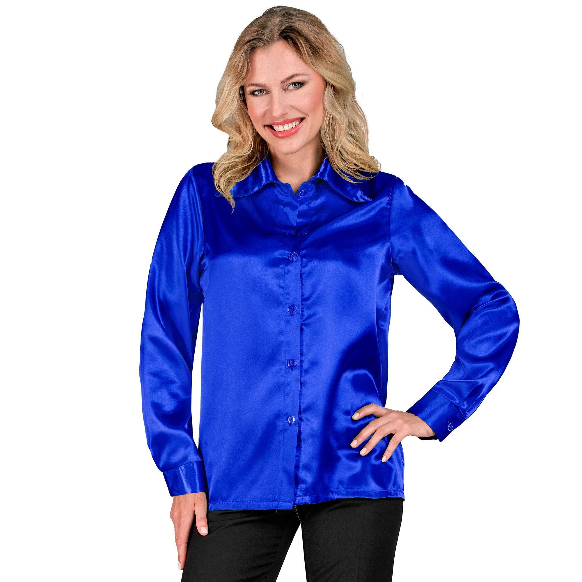 Laat de disco babe in je los met onze blauwe satijnen blouse