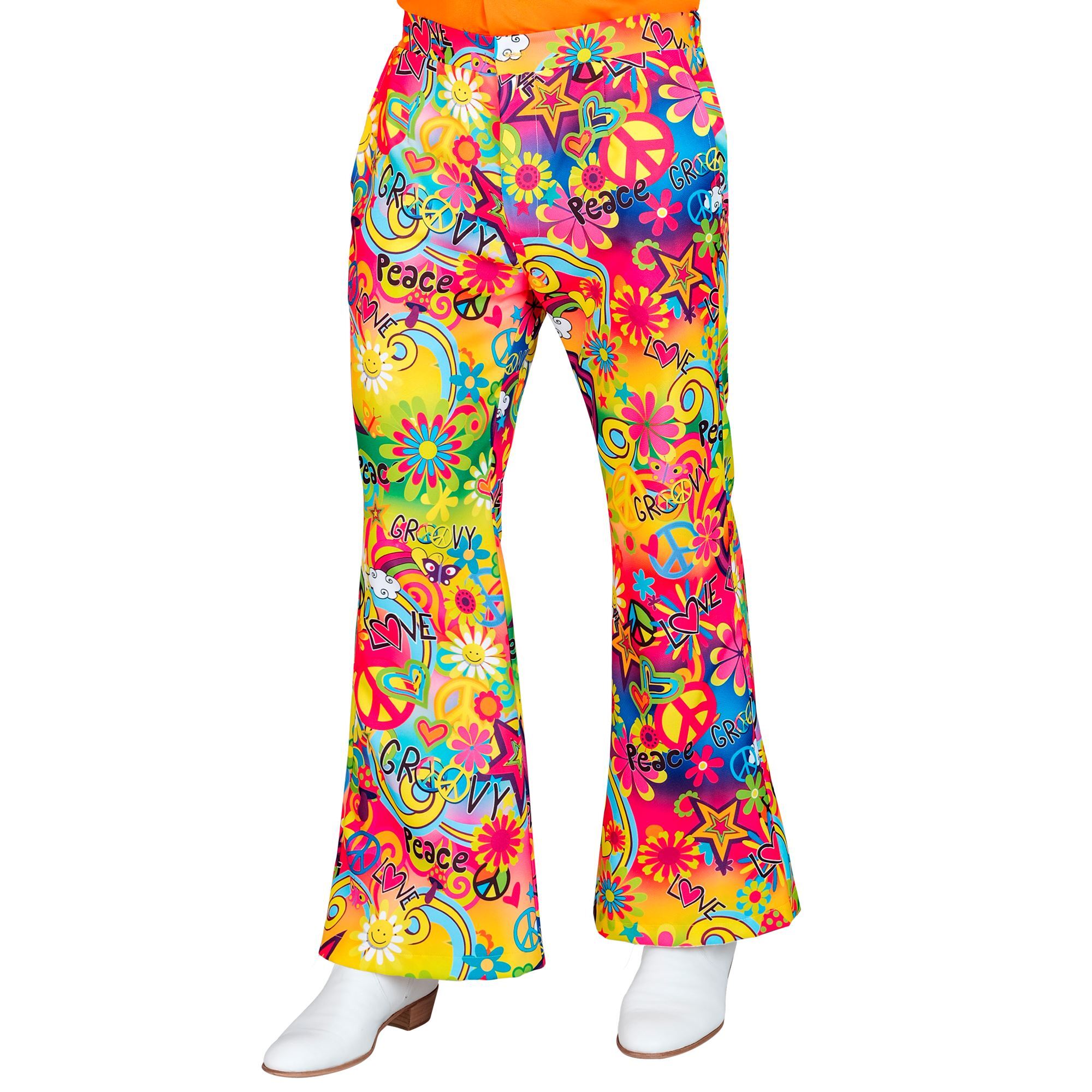 Peace love funky vibes swingende sixties broek voor heren naar de dancing in kleurrijke stijl