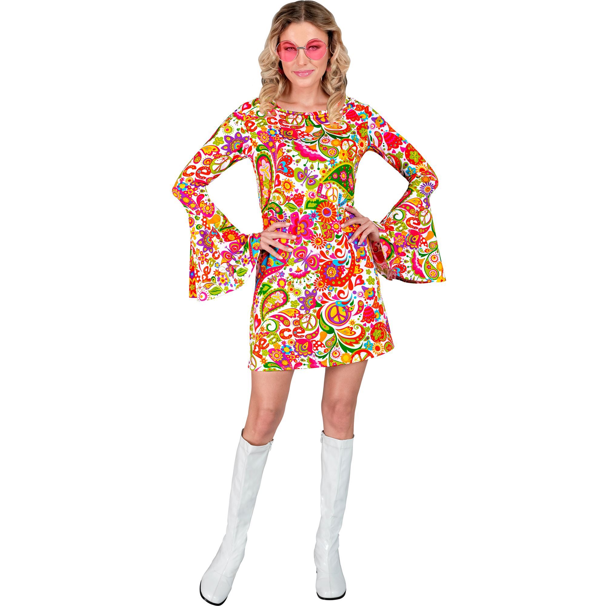 Sixties jurk vrolijke peace en paisley print voor foute party of disco dansfeest