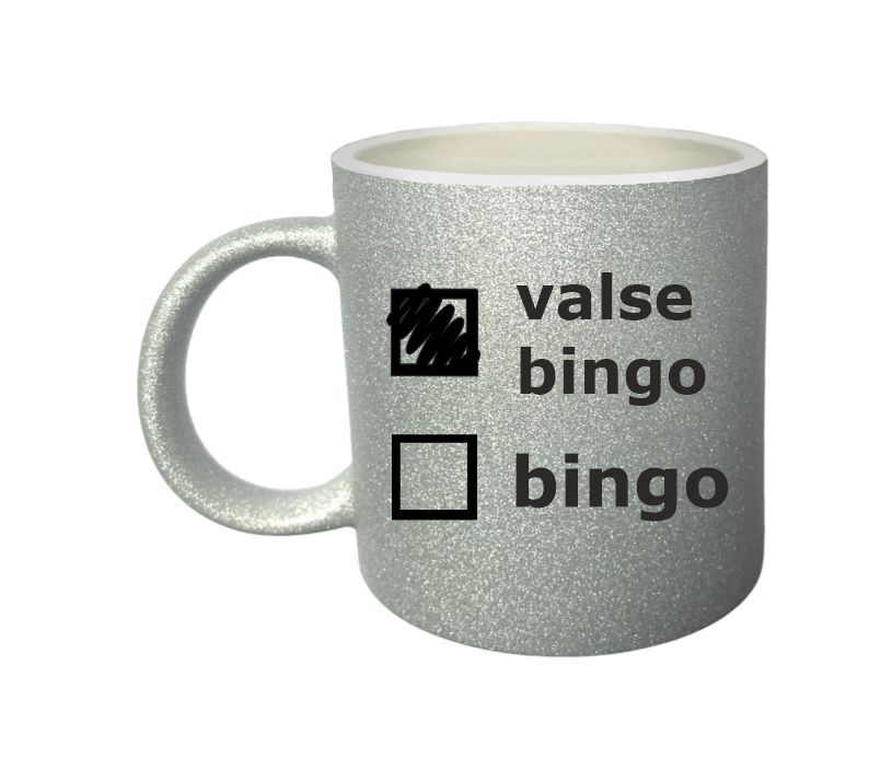 Glitter zilveren beker met valse bingo erop gedrukt leuk en origineel cadeau voor een bingo avond