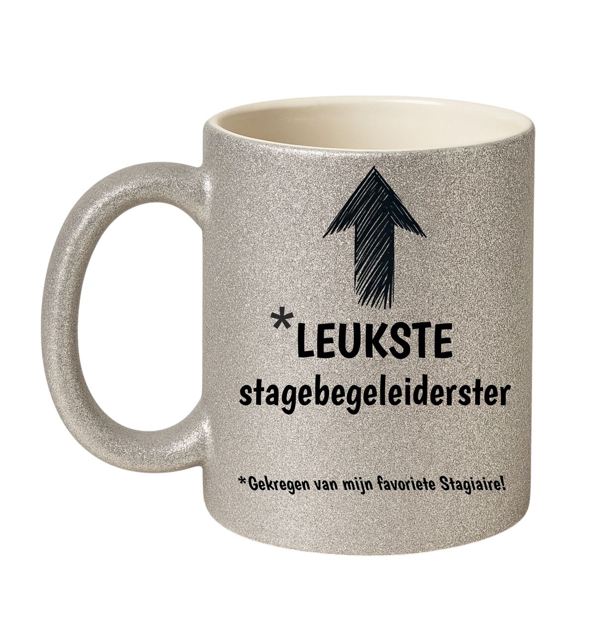 Verras de leukste stagebegeleidster met deze glitter mok in het zilver