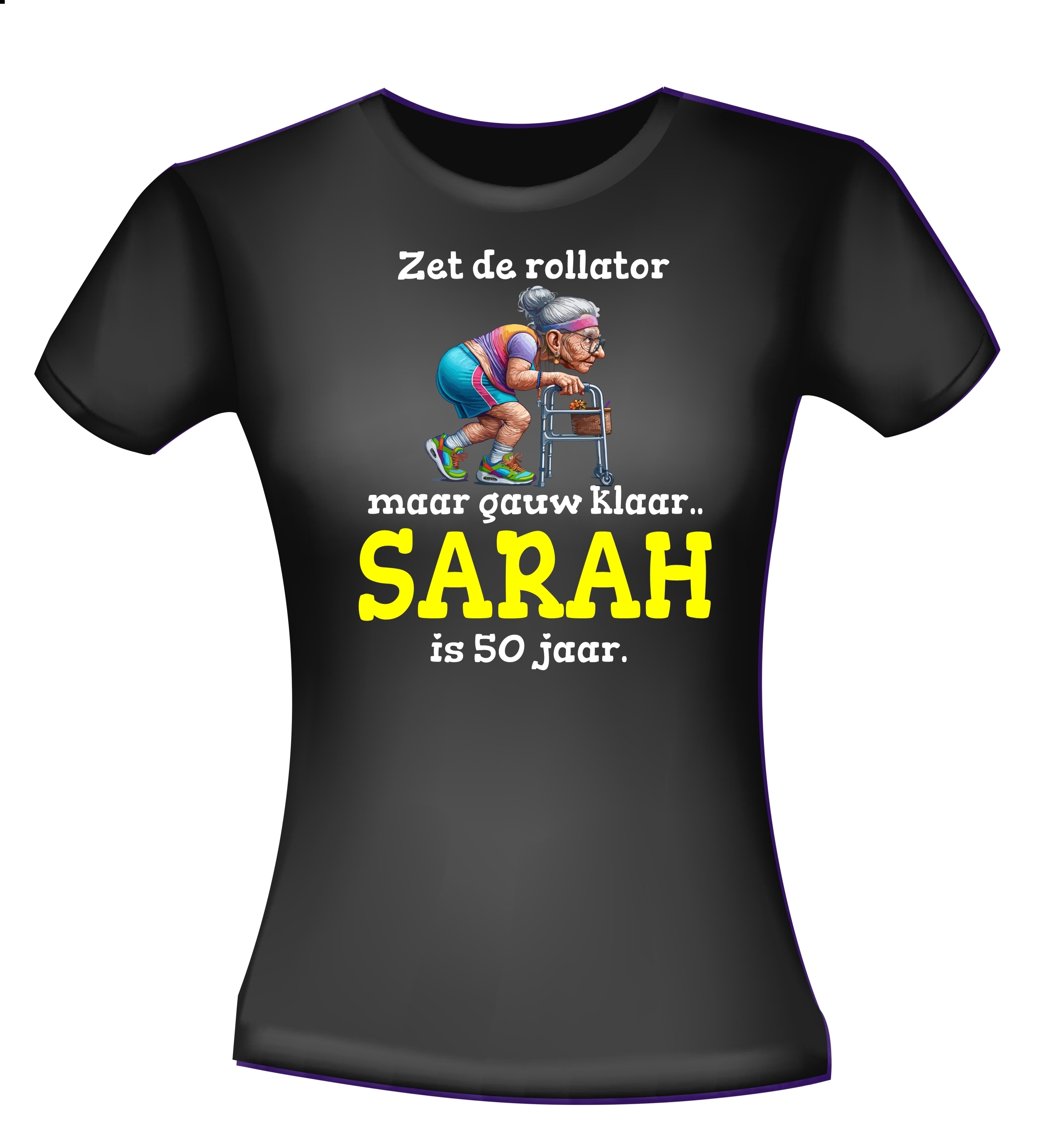 Vier de 50e verjaardag van Sarah met humor en stijl!  Zet de rollator maar vast klaar Sarah is 50 jaar