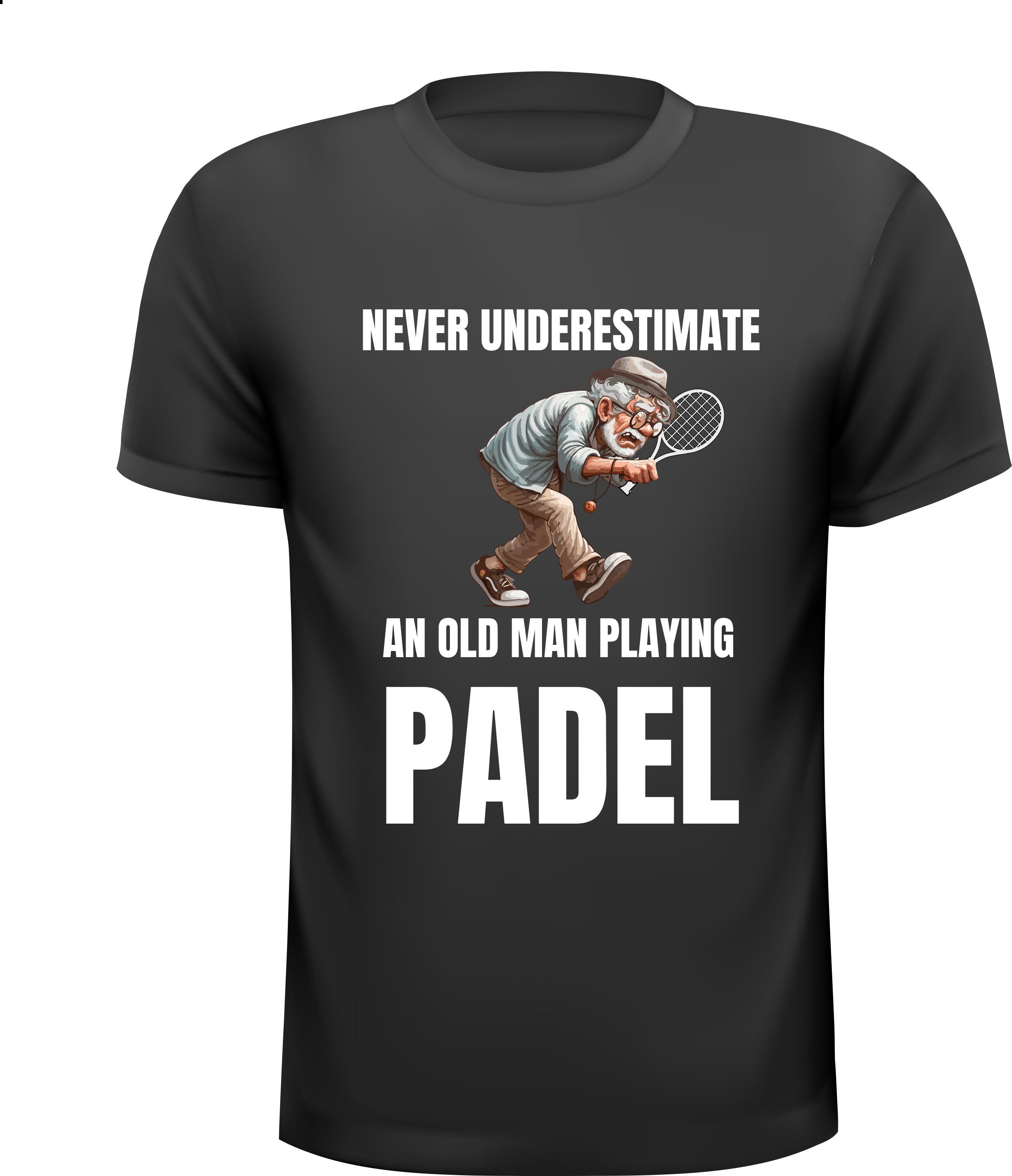 Shirtje  Never underestimate an Old Man playing padel met bejaarde