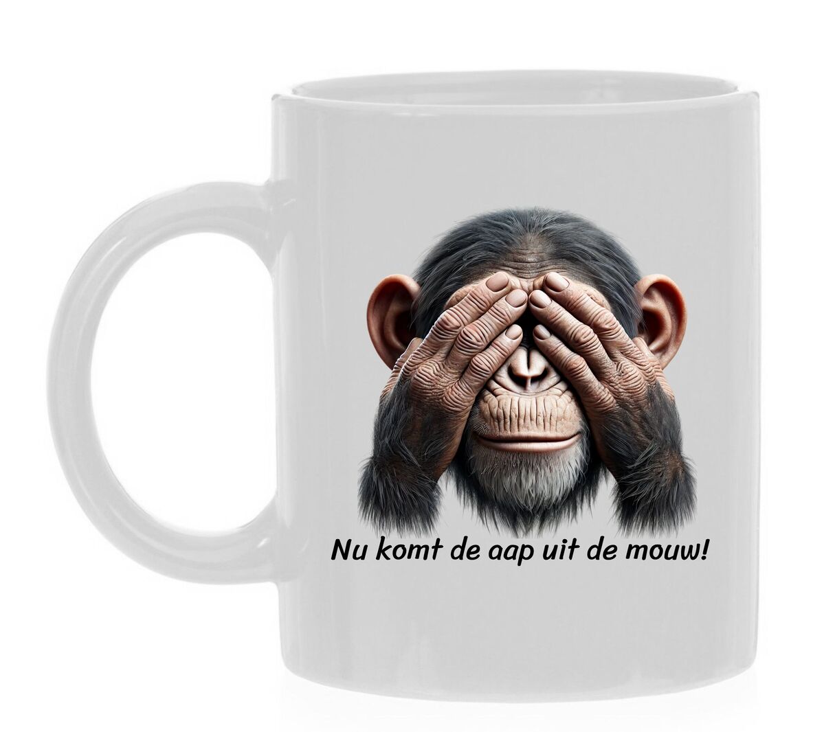Koffiemok met de opdruk nu komt de aap uit de mouw!