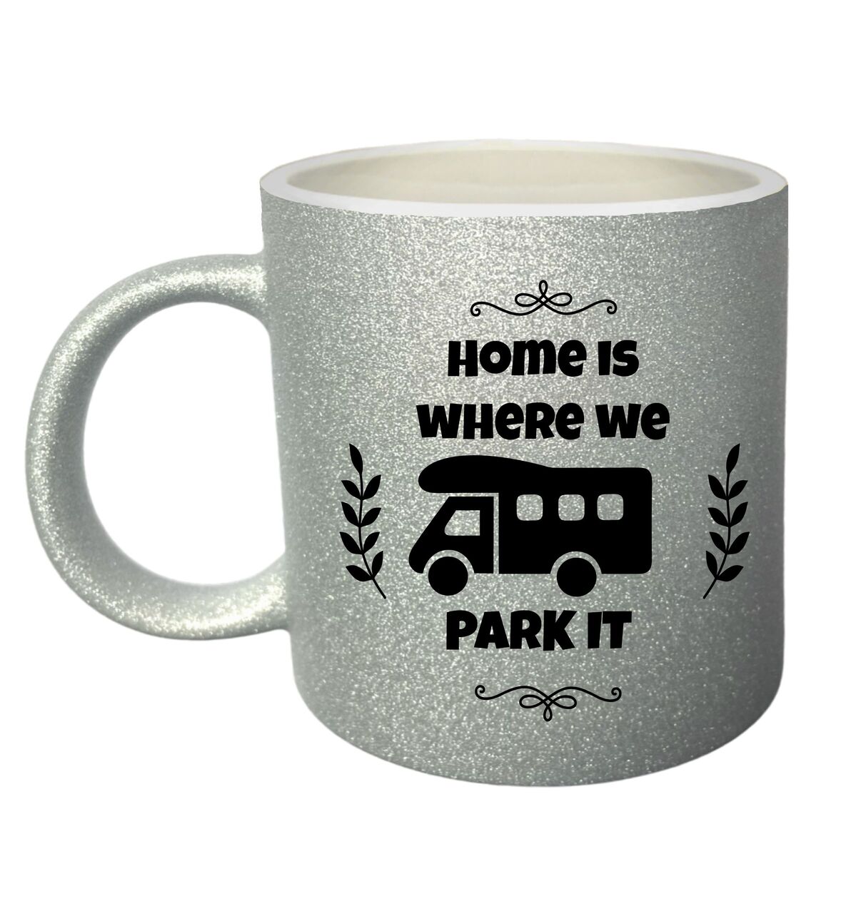 Mok met zilveren glitters home is where we park it  de perfecte mok voor elke reiziger!