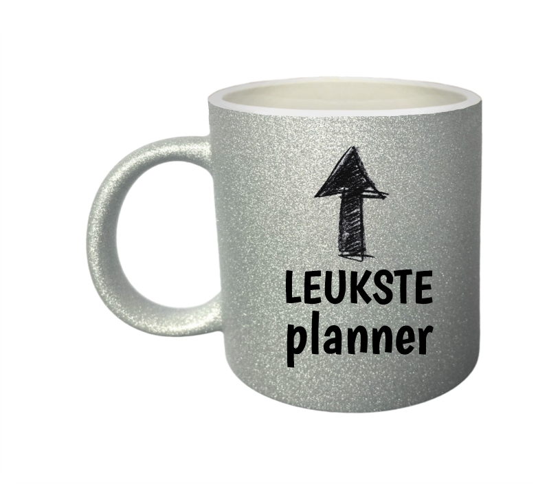 Zilveren glitter beker voor een planner leuk cadeau mok