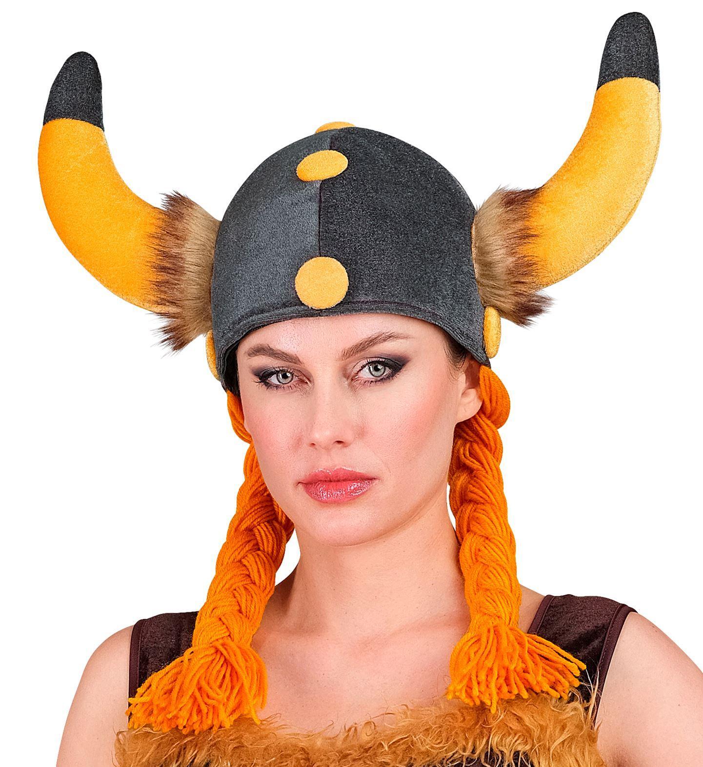 Beleef de viking tijd met onze stoffen viking helm met oranje vlechten