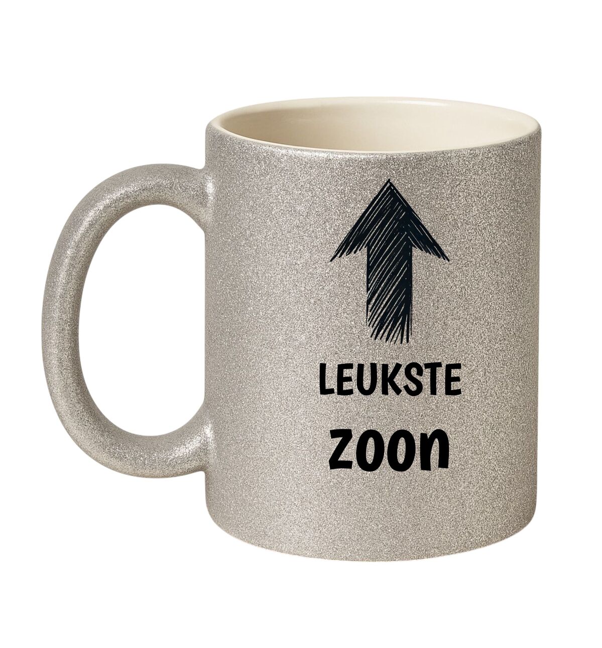 Glitter mok zilver met de tekst leukste zoon een sprankelend cadeau vol liefde en waardering