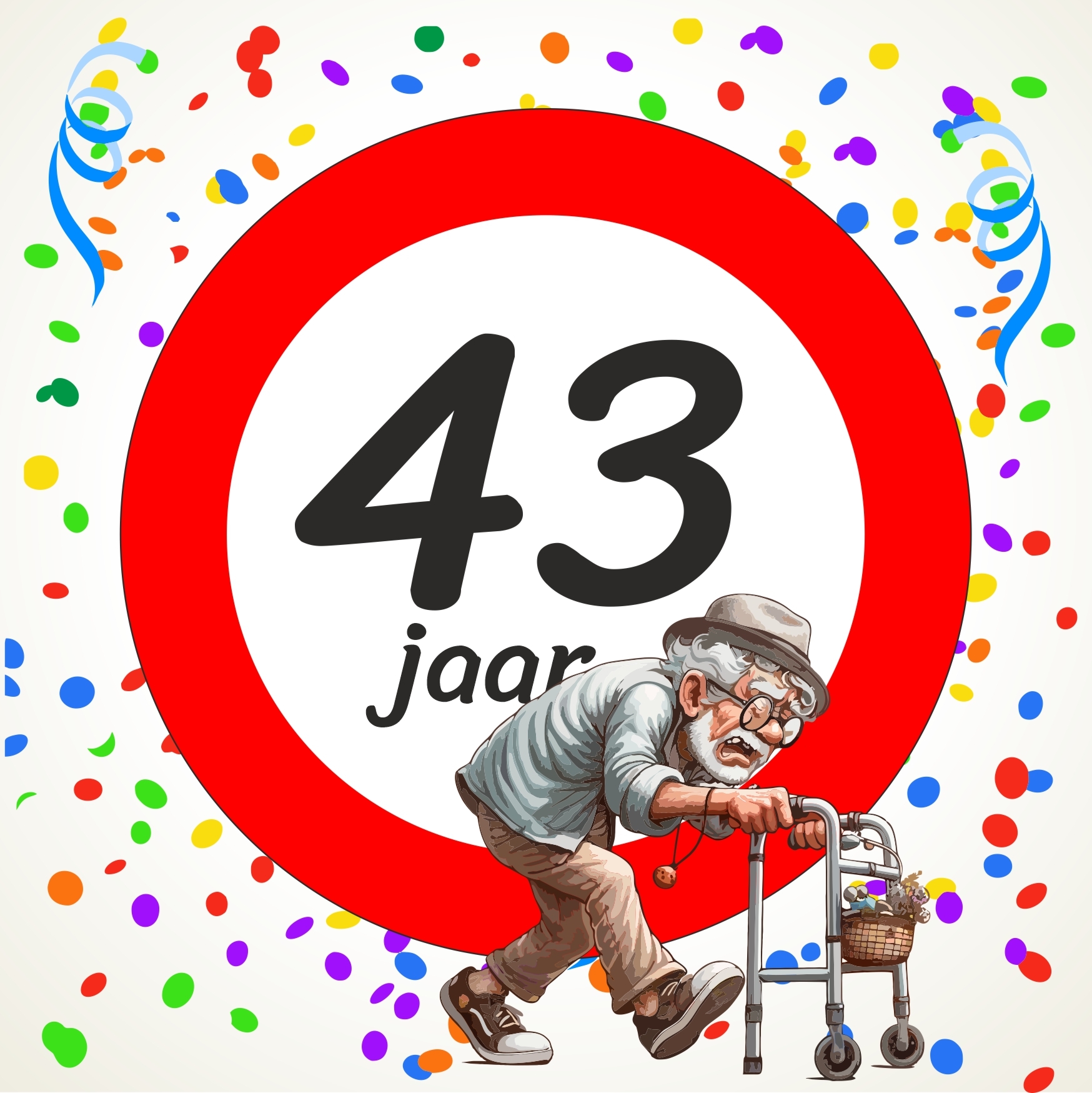 Humoristische verjaardagstegel 15x15 cm  full colour 43 Jaar grappige afbeelding van oude Man met rollator