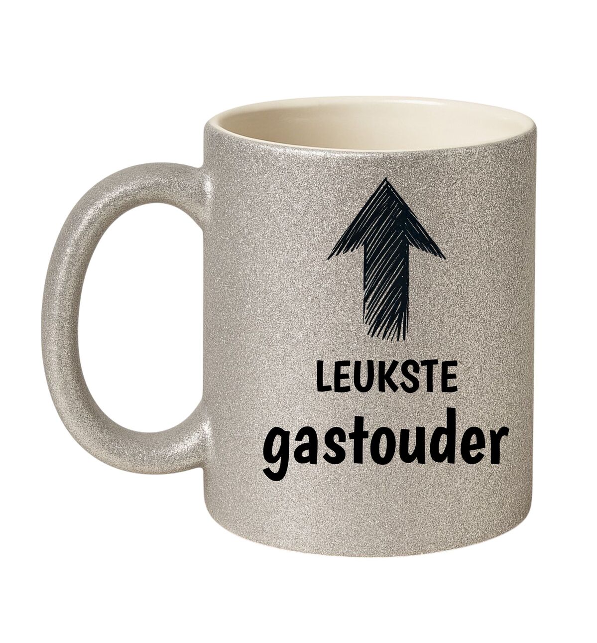 Mok glitter zilver met  de tekst leukste gastouder een stralend cadeau voor de beste gastouder