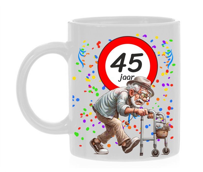 Orginele verjaardagsmok 45 jaar humoristische mok met full colour opdruk van oude man en rollator