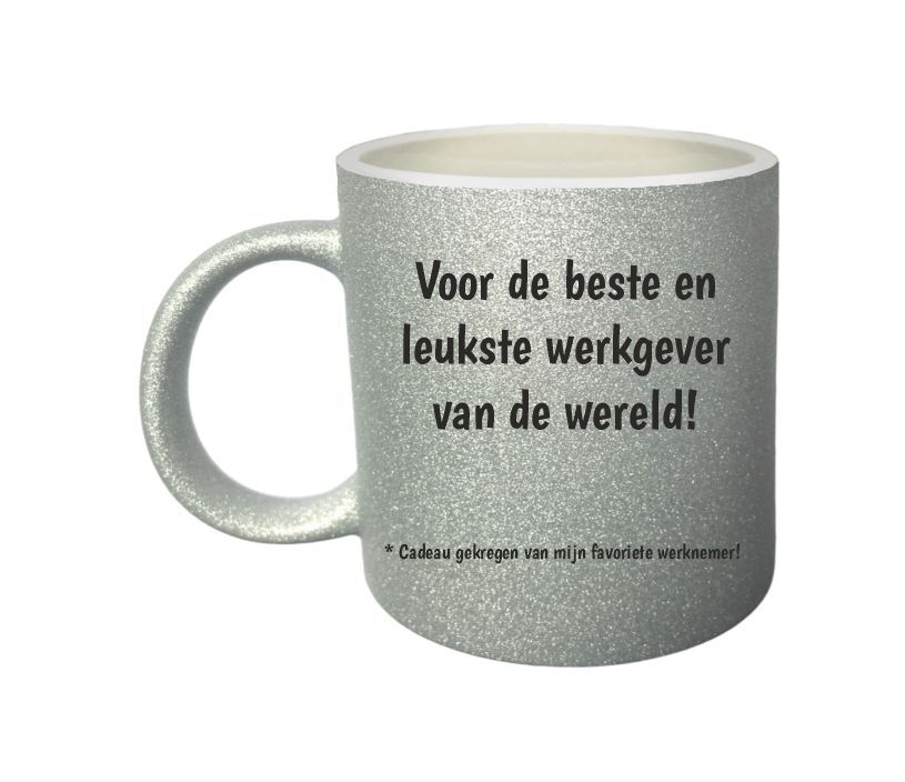 Sprankelende zilveren glitter mok voor de beste werkgever van de wereld  een Cadeau met een knipoog en een glimlach