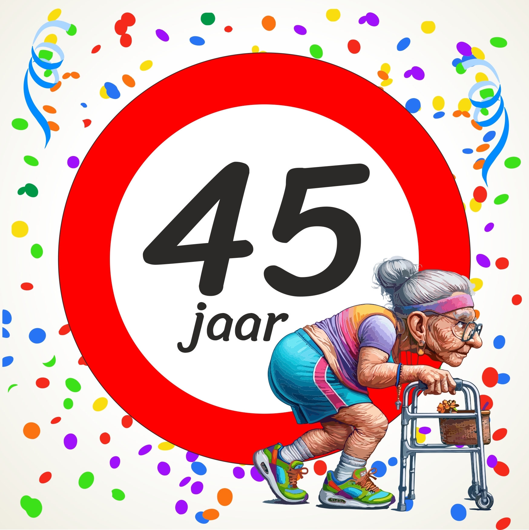Tegel 45 jaar grappige afbeelding van oma met rollator humoristisch cadeau voor een dame