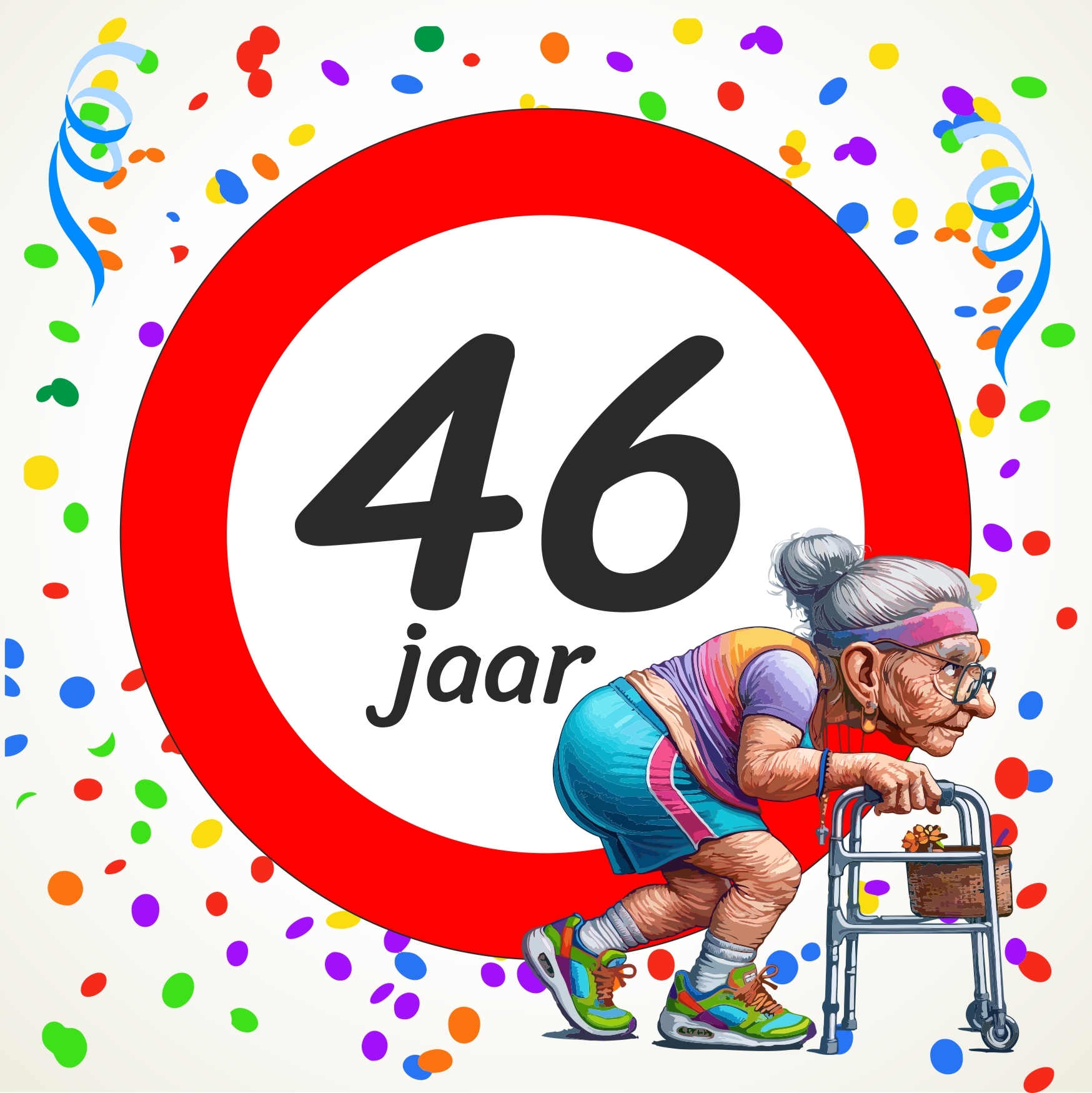Verjaardagstegeltje 46 jaar voor een dame humor met een kleurrijk en grappig randje