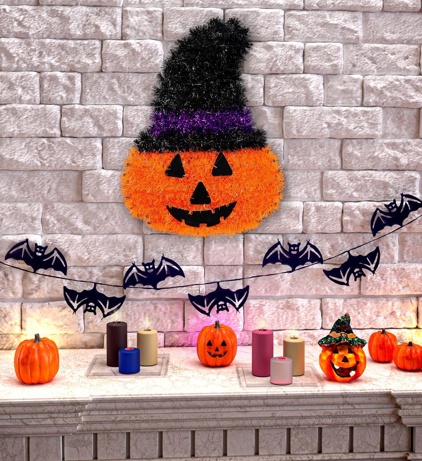 Versiering halloween pompoen met hoed 39 x 29 cm