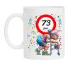 Vrolijke Verjaardag mok voor een vrouw van 73 Jaar full Colour met humoristische print van een oud omaatje met rollator