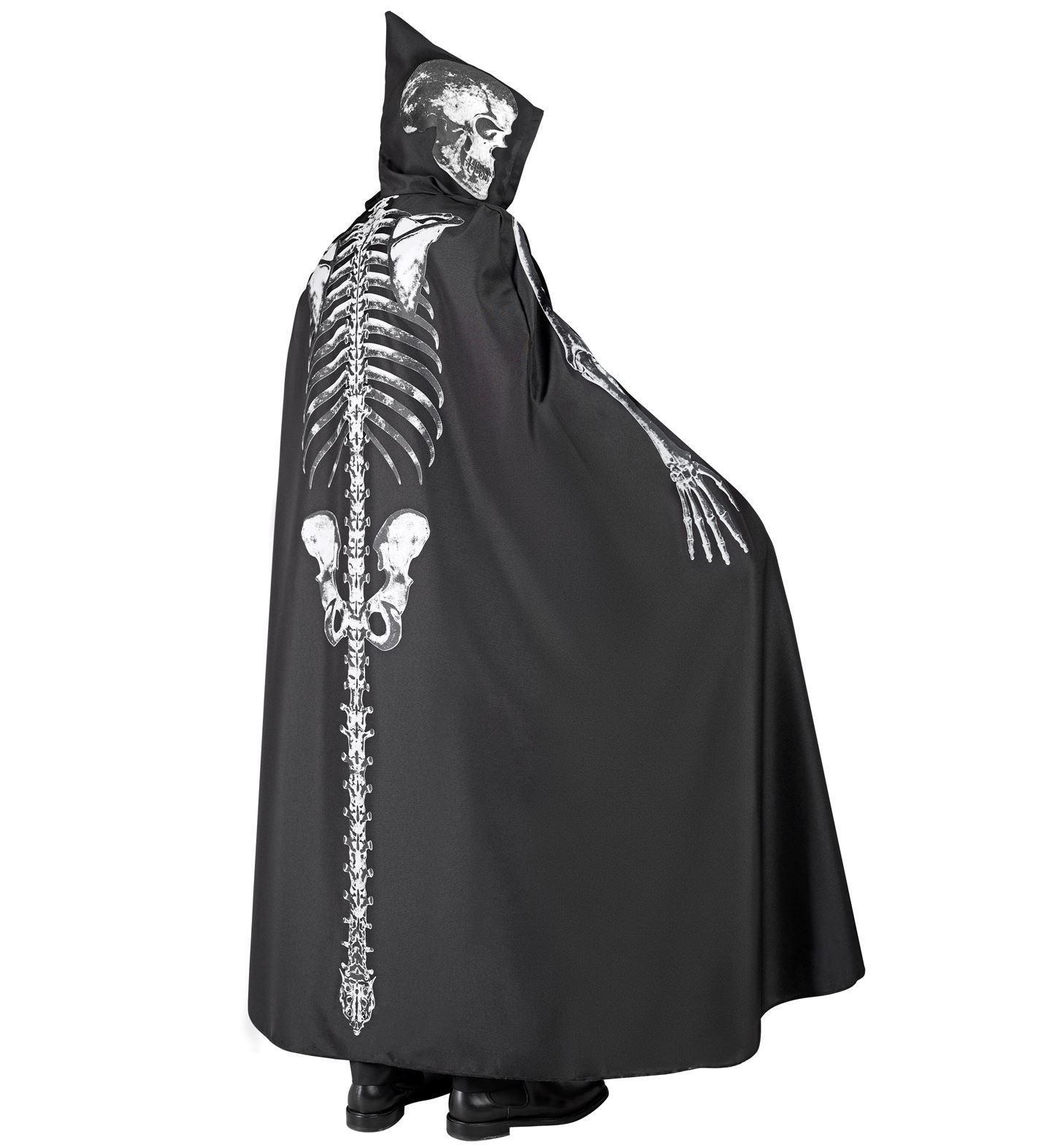 Zwarte unisex cape met skeletprint 150 cm perfect voor griezelparty's en halloween